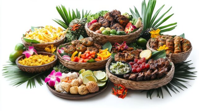 A traditional Hawaiian luau feast, cultural celebration, colorful spread of food, isolated on white background