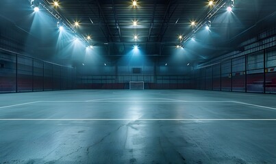 Epic Indoor Futsal Stadium Backdrop with Bright Floodlights and Athletic Court