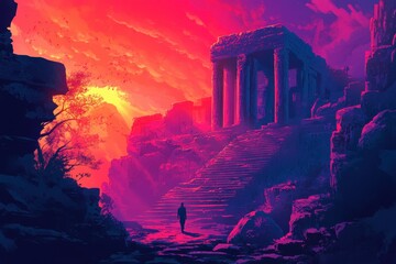 Solitary Figure Ascending Ancient Stone Steps Under a Vibrant Sunset Sky