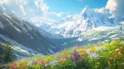 Fototapeta premium Alpine Majesty: Serene Snow-Covered Peaks and Crystal-clear Lakes in Untouched Wilderness