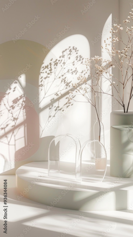 Poster A graceful arrangement of glass objects stands elegantly on a smooth platform, enhanced by warm sunlight. Subtle shadows from blooming branches create a tranquil atmosphere