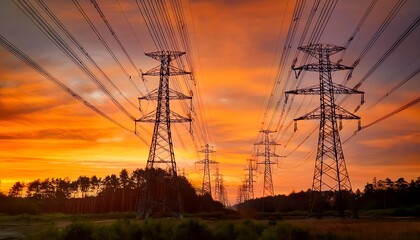 High voltage electricity towers at dusk
