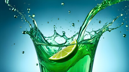 Splash of lime juice with bright liquid 