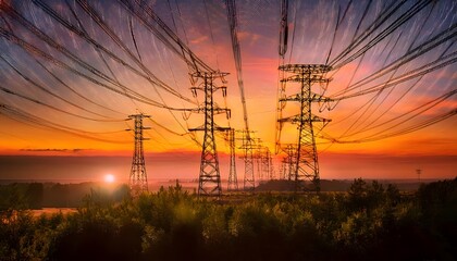 Fototapeta premium High voltage electricity towers at dusk