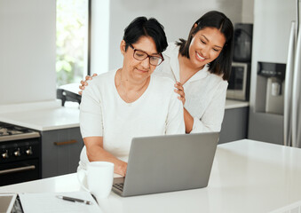 Daughter, mature mother and typing on laptop to help with financial planning, budget or insurance....