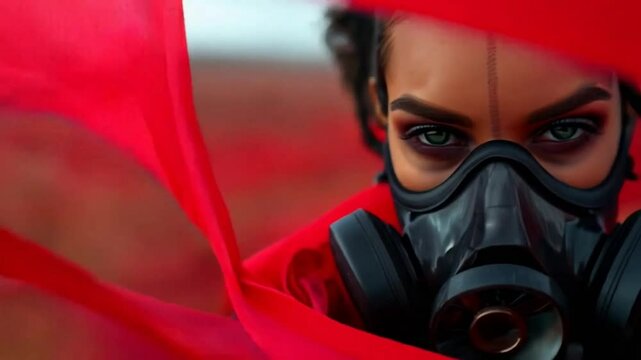 woman in gas mask and with red fabric floating around her is standing in the desert. 