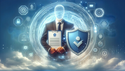 Photo Realistic as Data Protection Officer with Data Shield and Certificate concept as An image of a data protection officer with a data shield and certificate set against a dreamy background offering