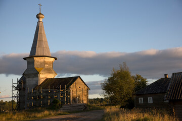 Arkhangelsk region Piyala wooden church on a cloudy summer day