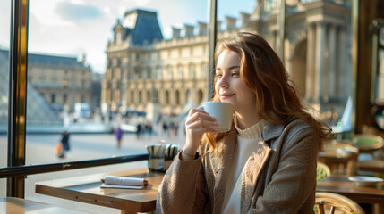 Fototapeta premium A girl at a cafÃ© near the Louvre, holding a cup of coffee with the museum visible behind her