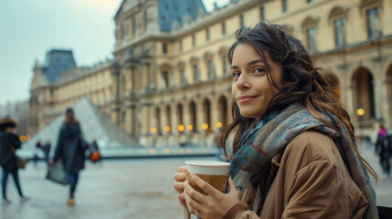 Fototapeta premium A girl at a cafÃ© near the Louvre, holding a cup of coffee with the museum visible behind her