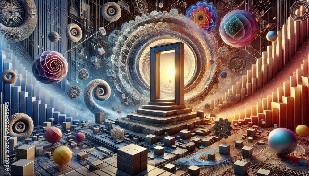Poster 3d-rendered abstract scene with intricate spirals, geometric shapes, and a glowing portal on a stair