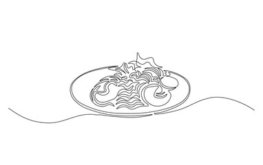 Continuous line drawing of noodles in the plate. spaghetti in simple outline illustration.