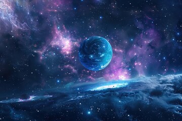 Obraz premium Breathtaking view of a distant, blue-hued planet set against a backdrop of swirling nebulas and a sea of stars.