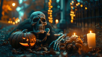 Obraz premium Skeleton in a graveyard cemetery, spooky halloween concept, pumpkins and candles.