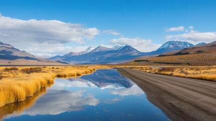 Mountainous highway scene, tranquil lake reflecting towering peaks, lush greenery flanking the road, inviting atmosphere, perfect for leisurely drives and nature appreciation