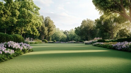Fototapeta premium Cultivated Serenity, a vibrant parkland featuring manicured lawns, colorful blooms, and majestic ancient trees, showcasing the harmony between nature and human care.