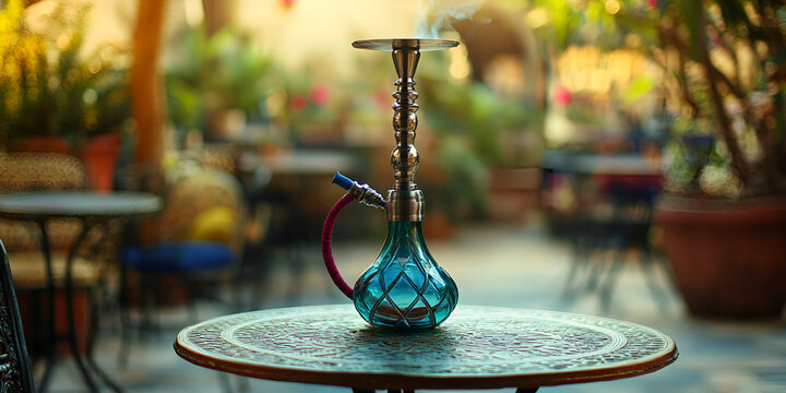 Blue Glass Hookah with Silver Top on Round Table