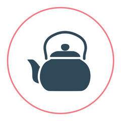 Tea kettle icon in circle. Simple blue tea kettle icon inside a pink circle, representing hot beverage preparation. Perfect for culinary, kitchen, and home decor designs.