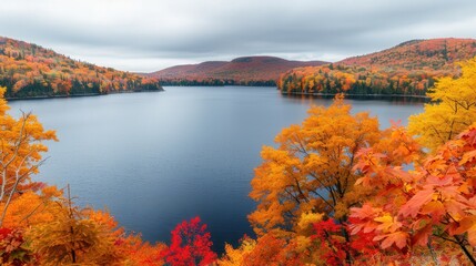 Autumn Serenity by the Lake, a picturesque scene capturing the vibrant colors of fall leaves reflecting on still waters, evoking peace and natural beauty.