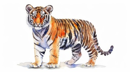 Obraz premium Sweet Tiger Cub Illustration, charming watercolor depiction of a curious tiger cub with detailed fur texture, ideal for children's literature, ample space for text integration.