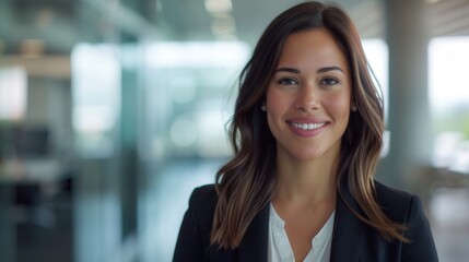 Naklejka premium Confident Professional Woman in Modern Office, a poised woman dressed in business attire, radiating confidence and warmth, set against a sleek contemporary office environment.