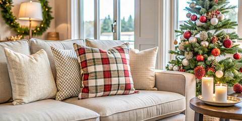 Fototapeta premium Square throw pillow mockup on a couch in a light and bright modern farmhouse-styled living room decorated for Christmas