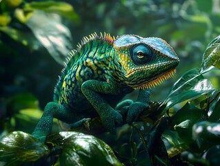 Obraz premium Chameleons Blending Seamlessly with Lush Jungle Foliage in Dynamic Poses