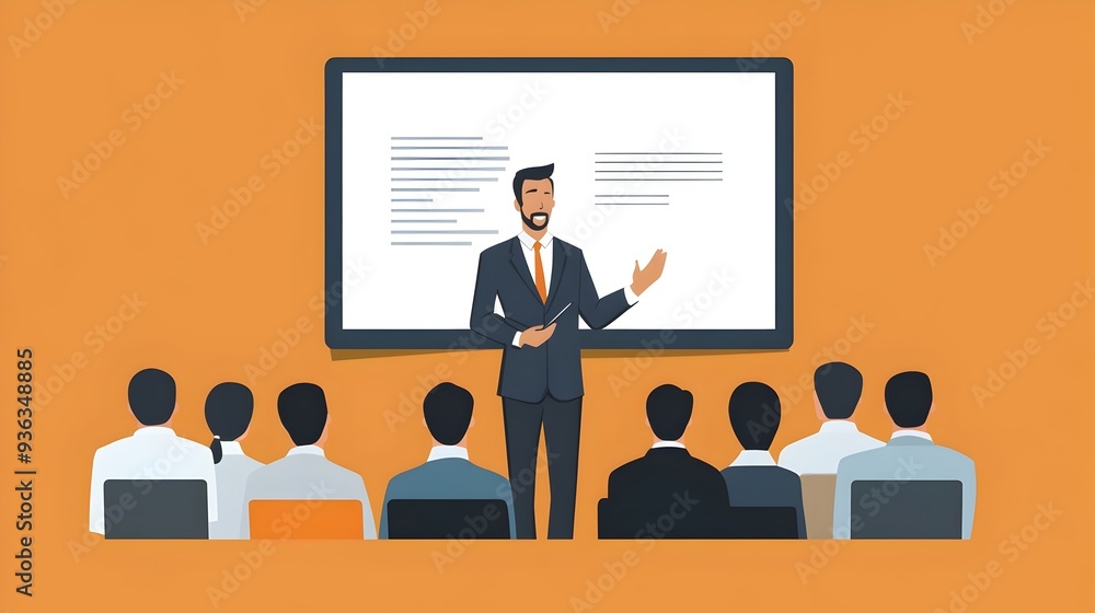 Poster business professionals engaged in a presentation with a large screen display creating an interactive