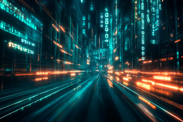 Futuristic digital cityscape with glowing data streams.