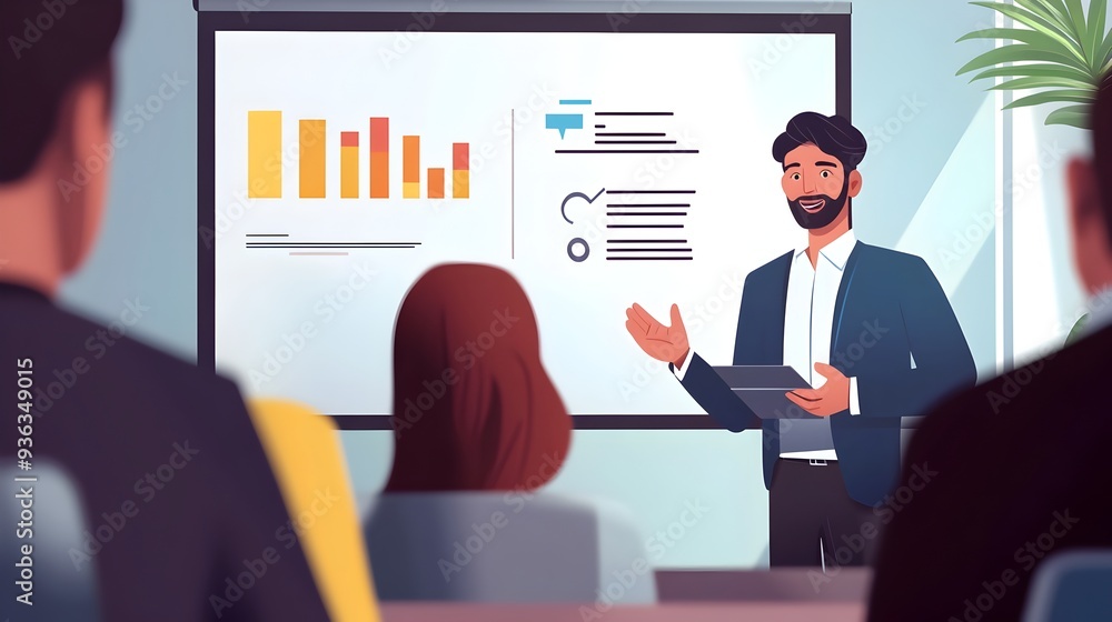 Poster businessman presenting to professional team at corporate meeting with large screen display showing d