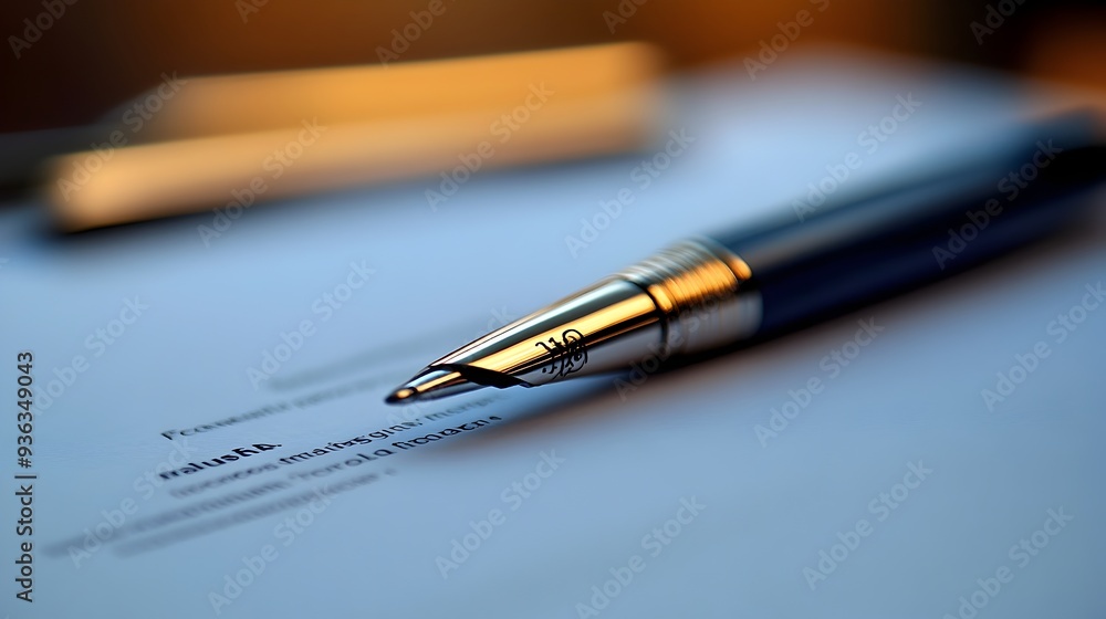 Poster closeup of a business contract being signed with the background blurred to emphasize the available c