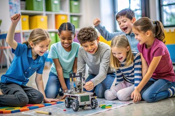Excited Elementary School Children Building and Playing with a Robot in Classroom. A group of diverse elementary school students excitedly work together to build and explore a robot in a classroom. 