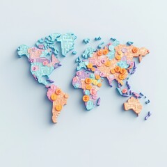 Global map with currency signs distributed across continents, 3D illustration