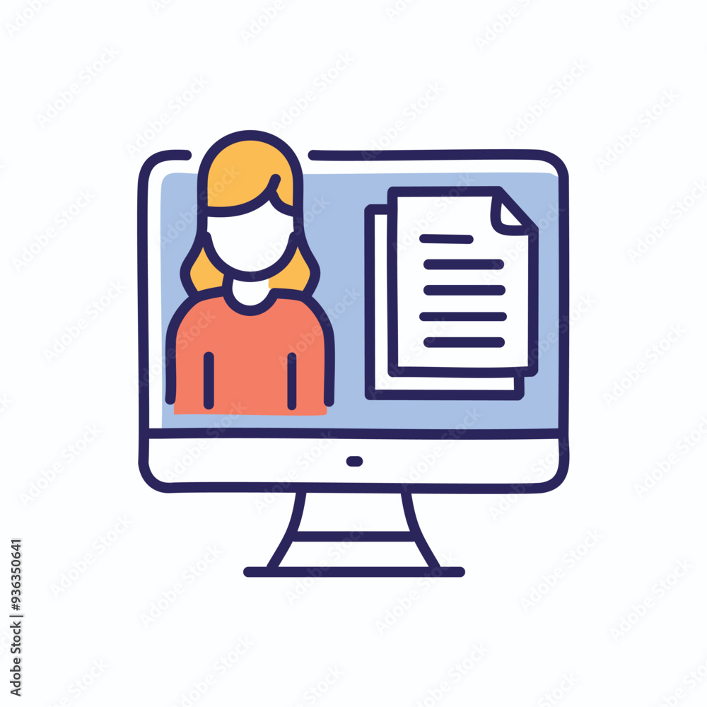 Poster online profile with document icon. illustration of a computer screen with a female user profile and 