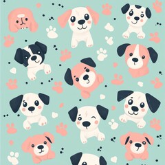 Charming Pastel Dog Pattern, a delightful design featuring playful dogs, colorful paws, and whimsical bones, perfect for textiles, wallpapers, and cheerful decor.