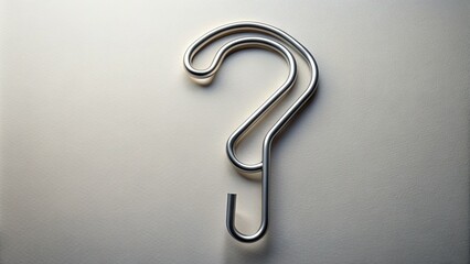 Fototapeta premium A solitary paperclip twisted into a question mark shape lies on a blank background, symbolizing confusion, curiosity, and the quest for solutions to life's puzzling problems.