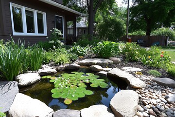 A garden designed for wildlife, with native plants, bird feeders, and a small pond, providing habitat and food for local species