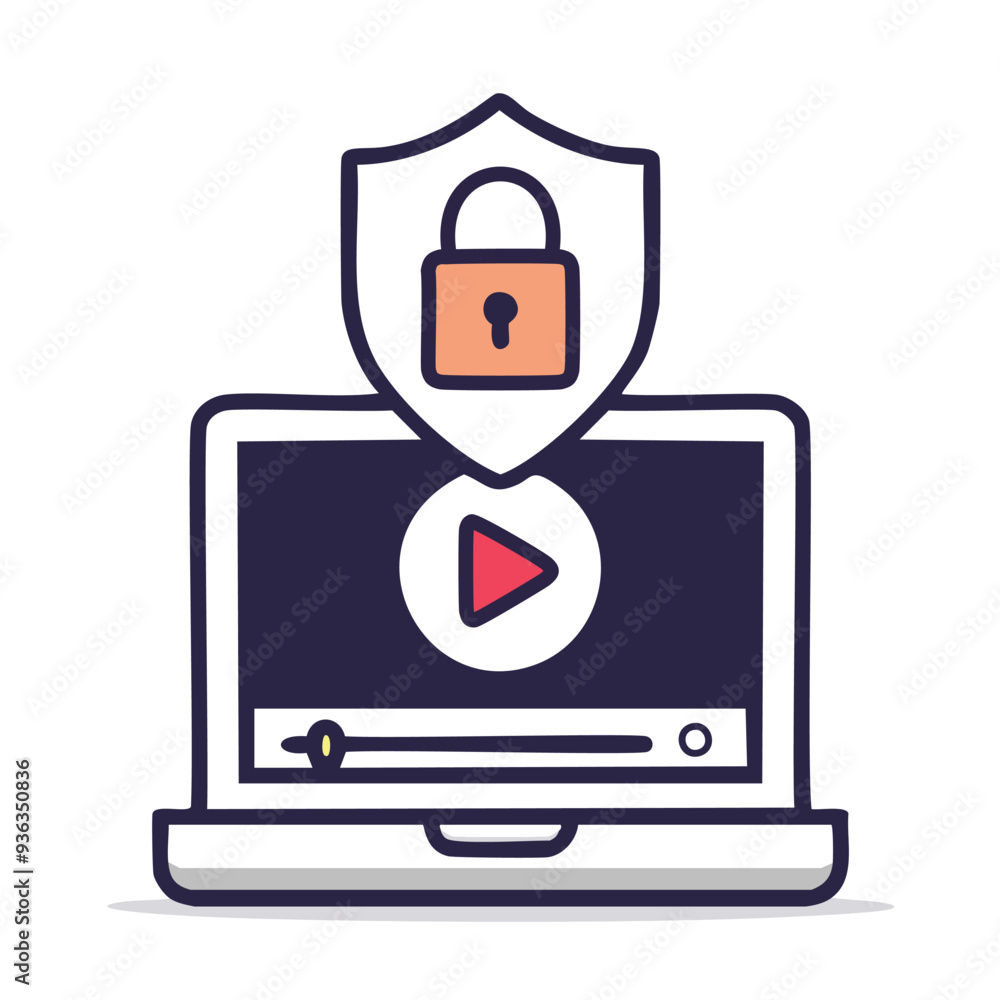 Poster secure video streaming on laptop. illustration of a laptop with a video player and a shield with a p