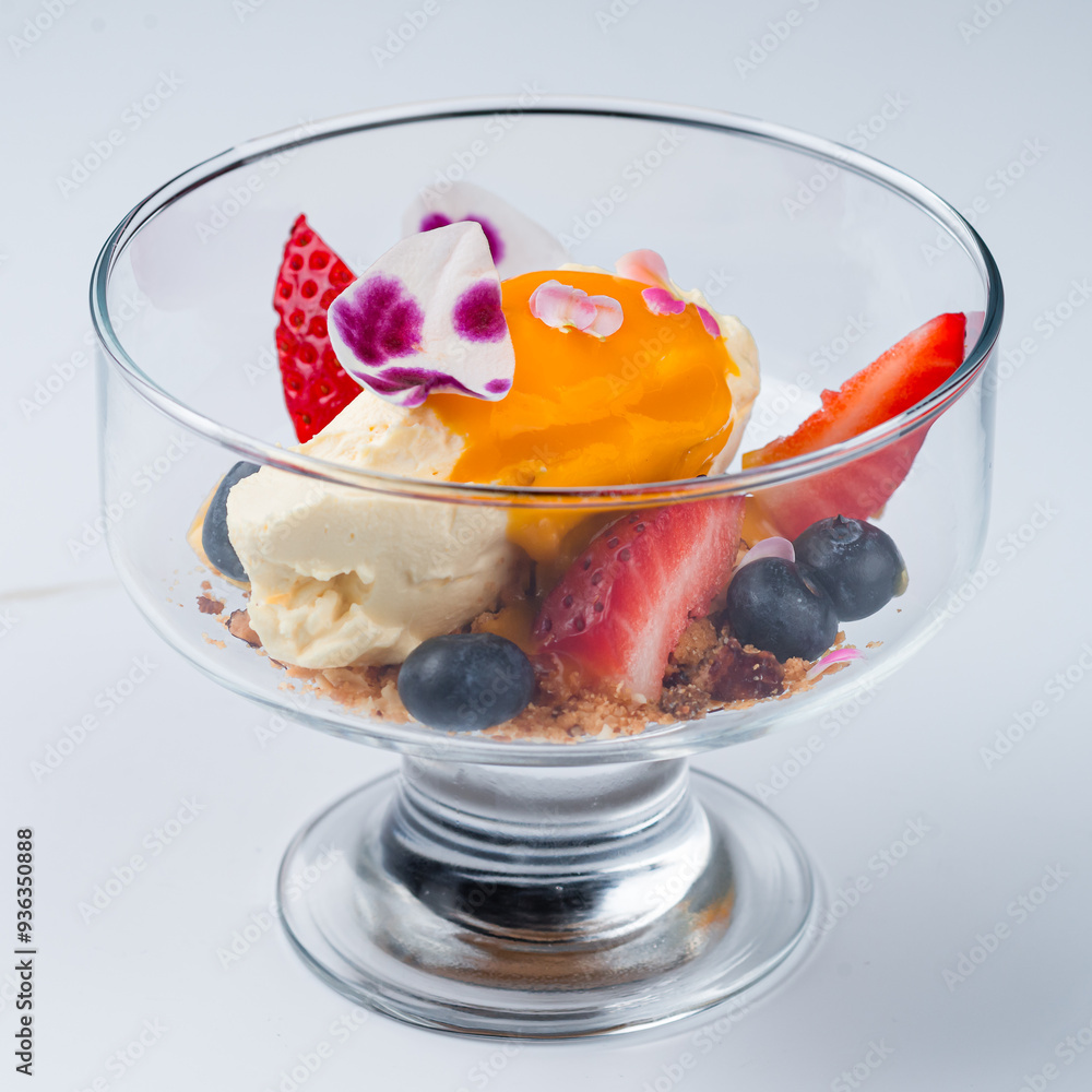 Sticker Cream cheese with mango sauce, strawberries, blueberries and crushed biscuits on a white background.