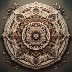 Intricate bohemian mandala design featuring detailed patterns and textures in earthy tones, with a central circular motif surrounded by symmetrical elements.