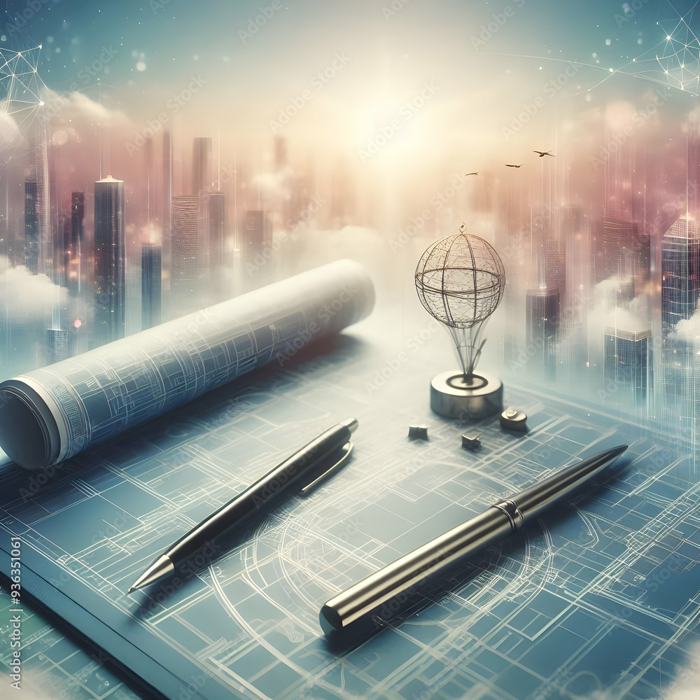 Poster photo realistic as planner with blueprint and pen concept as an image of a planner with a blueprint 