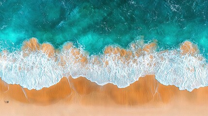   An aerial shot of a beach with a wave crashing onto the shore and an orange sandy coastline in the foreground