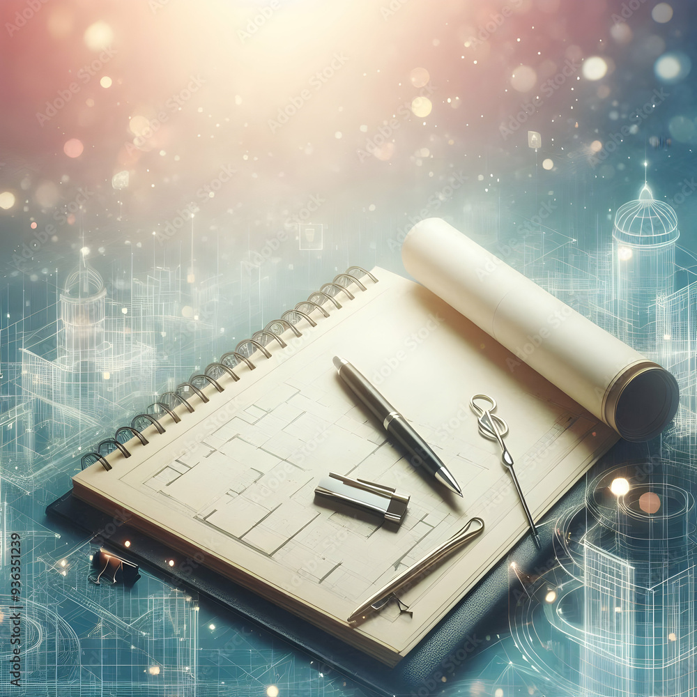 Poster photo realistic as planner with blueprint and pen concept as an image of a planner with a blueprint 
