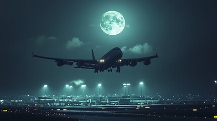 Airplane landing at night with a full moon in the background