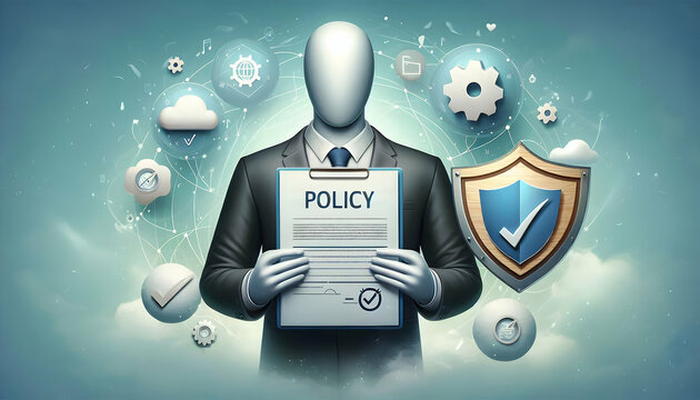 Photo Realistic as Policy Maker with Document and Shield concept as An image of a policy maker with a document and shield set against a whimsical background offering ample space for text or graphics s