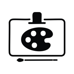 Palette, brush, and canvas icon. Black and white icon of a palette, brush, and canvas, representing artistic creation and design.