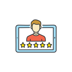 Customer feedback and rating on tablet. Icon of a customer profile with five stars displayed on a tablet screen, representing positive feedback and satisfaction.