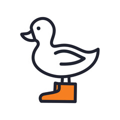 Duck wearing boots cartoon illustration. A simple line art drawing of a duck wearing boots. The duck is white and the boots are orange.