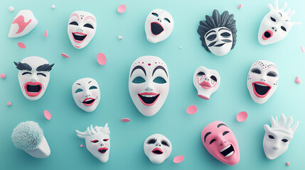 Naklejka premium Collection of colorful, expressive masks against a turquoise background