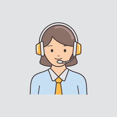 Friendly female customer service representative icon. Cartoon illustration of a smiling woman wearing a headset and a tie. Perfect for customer service, support, and help desk themes.